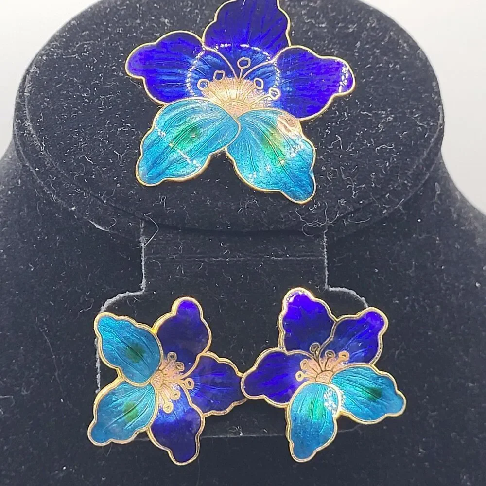 Vintage Cloissoine Demi Parure Floral Blue Enamel Earring & Brooch Pin 1.75in